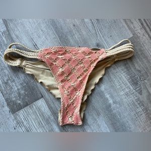 Multi strap ruched bikini bottoms- pink / gold luli fama size XS